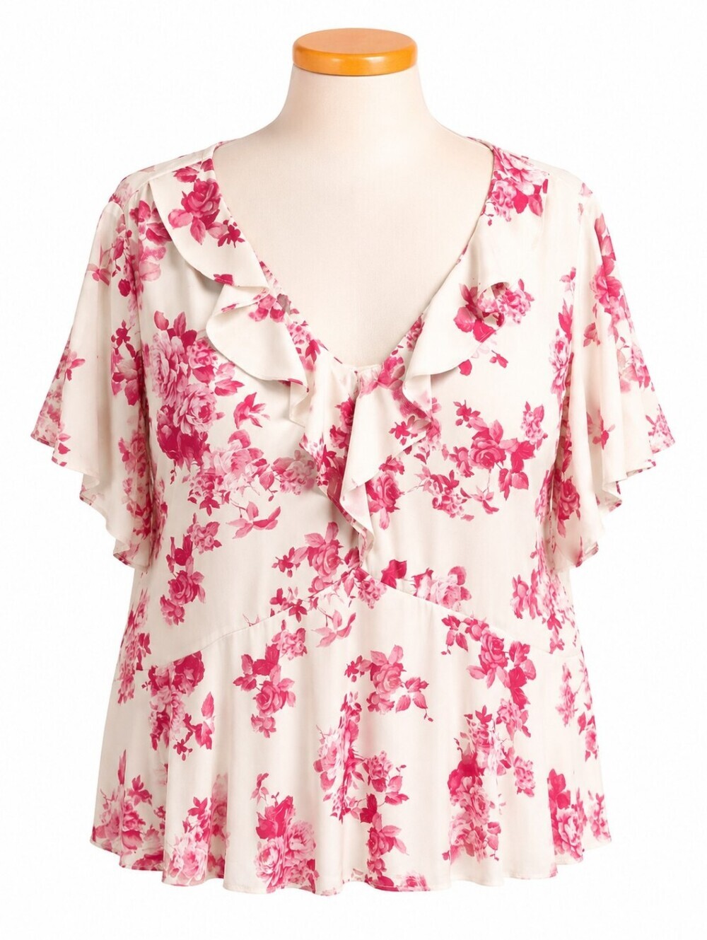 Torrid Cream & Pink Floral Ruffle V-Neck Babydoll Top Sz 3X (22-24) Romantic
